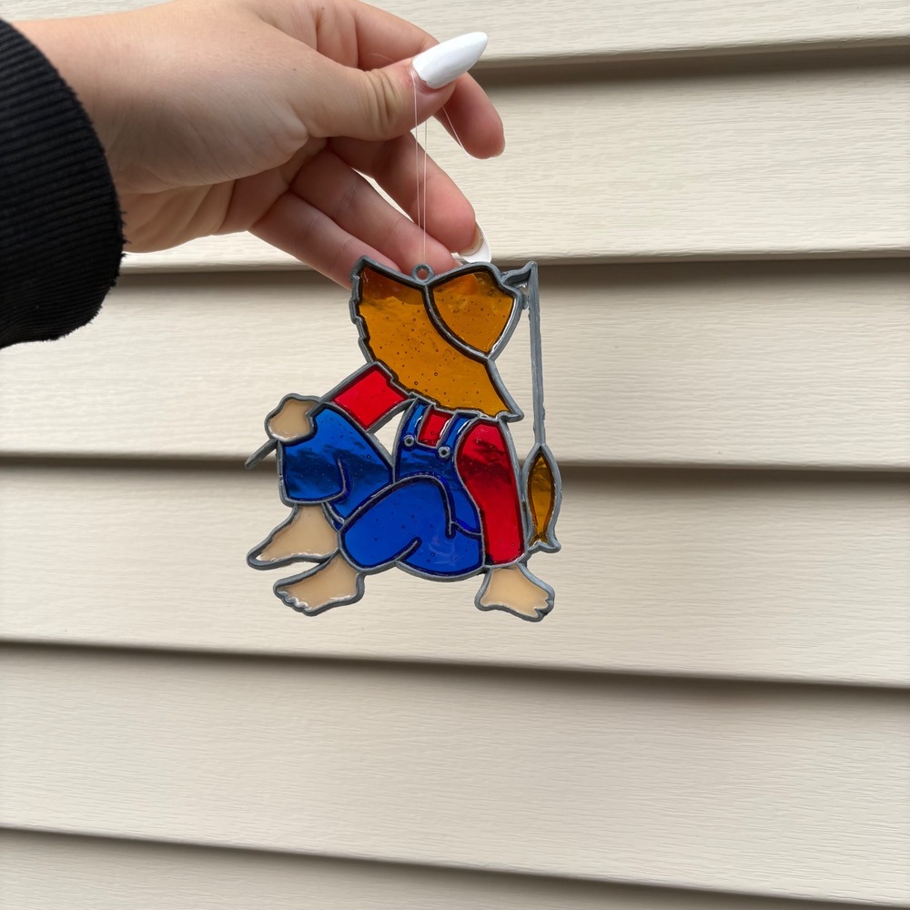 Vintage Stained Glass Suncatcher Fishing Boy Straw Hat Overalls Window Decor